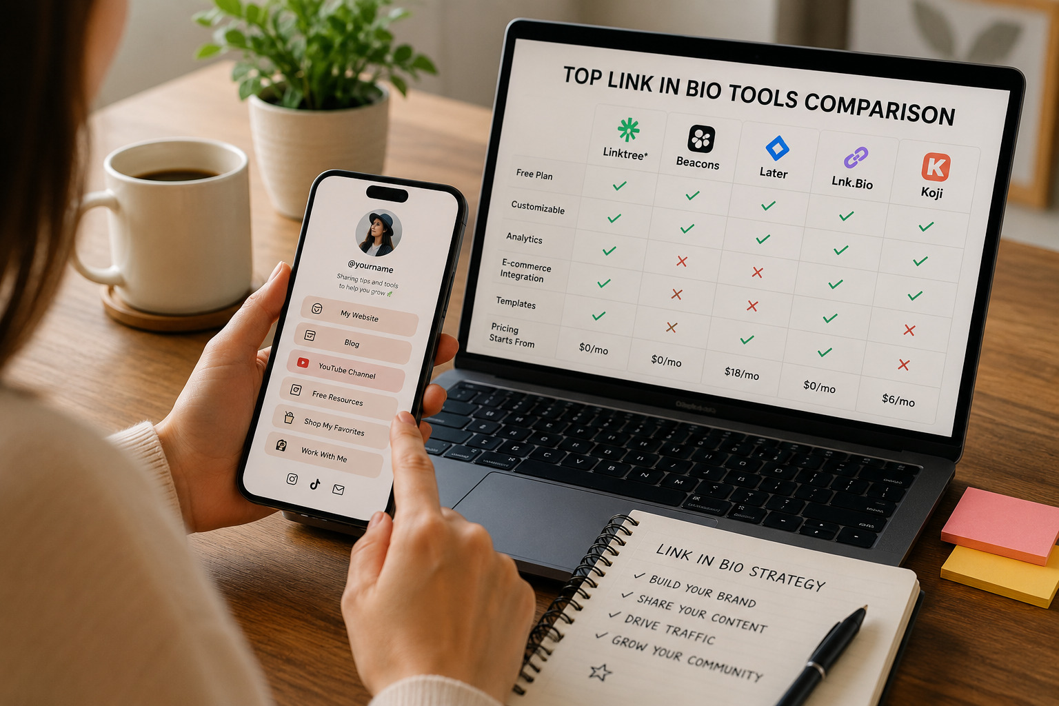 Person compares 'Top Link in Bio' tools on a laptop while planning strategy with a phone screen showing a bio link menu and a notebook nearby.