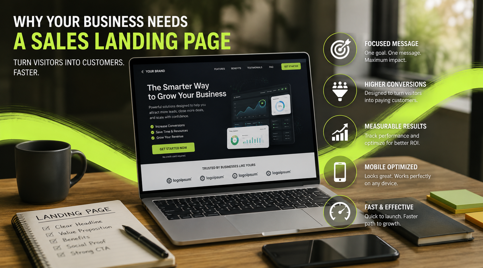 Laptop on a wooden desk displays a marketing landing page with neon-green accents and benefit icons on the right side.
