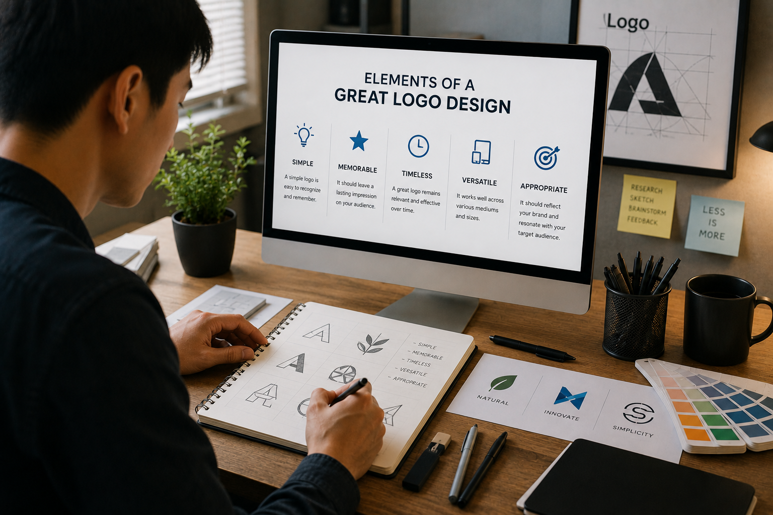 Designer sketching logo ideas at a wooden desk while a monitor displays an infographic titled 'Elements of a Great Logo Design'.