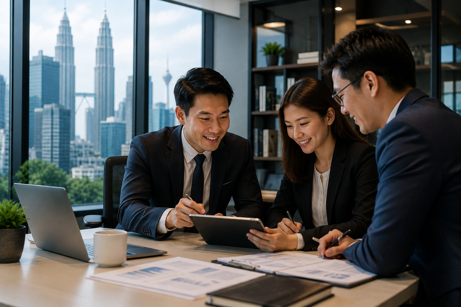 Three business professionals in suits collaborate at a desk in a modern office, reviewing a tablet with the city skyline outside the windows.