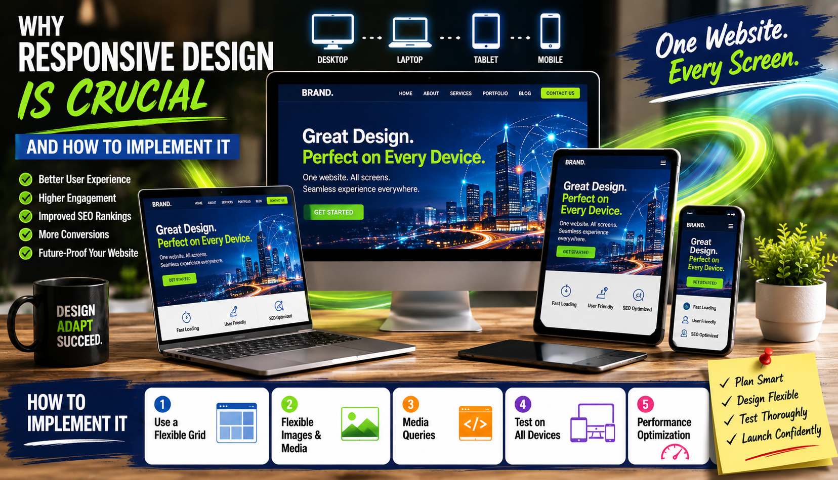 Multi-device web design concept: desktop, tablet, and mobile screens showing a blue cityscape site on a wooden desk.