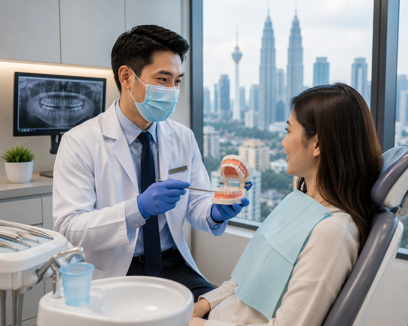 Dentist in a mask and gloves shows a teeth model to a patient in a dental clinic with a city skyline outside the window.
