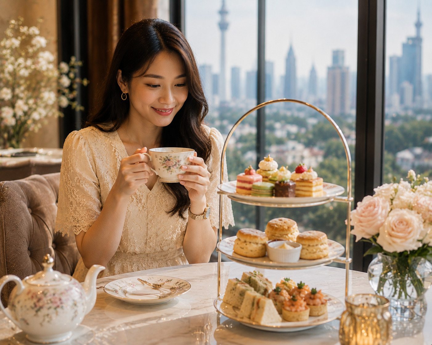 Woman in a lace dress holds a teacup and smiles, with a three-tier pastry stand and city skyline in the background.