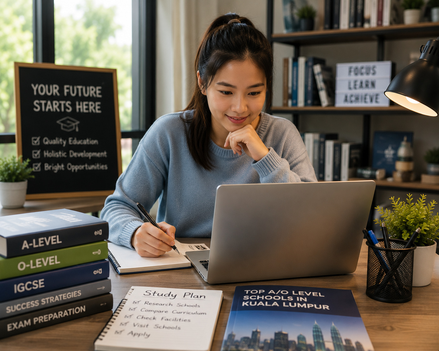 Student studying at a desk with a laptop, notebooks, and stacks of study books; a motivational sign reads 'Your Future Starts Here' in the background.