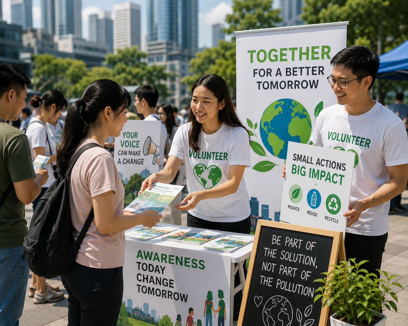 Volunteers in white shirts hand out brochures at an outdoor environmental awareness booth, with a banner reading 'Together for a Better Tomorrow.'
