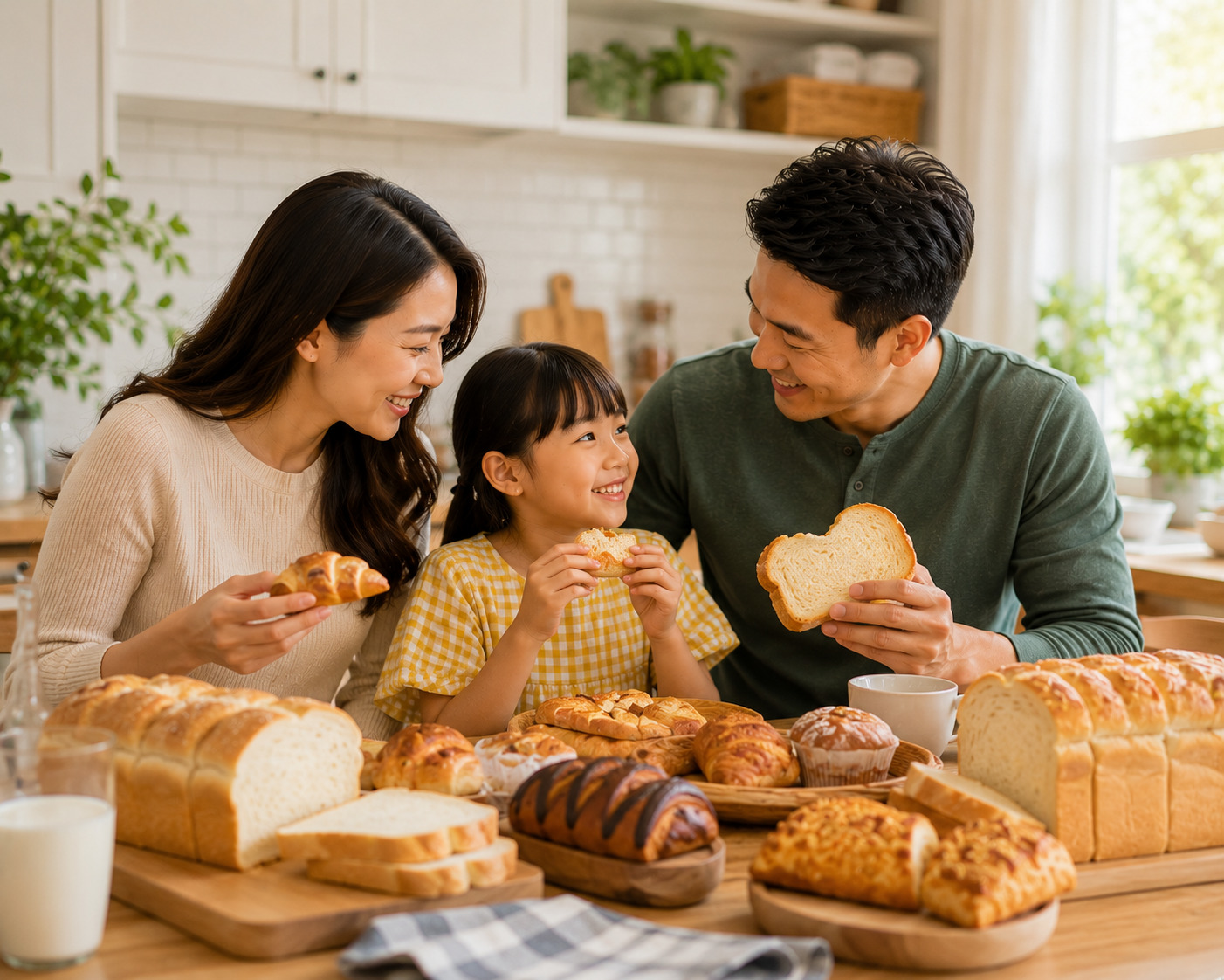 Family of three enjoying bread together at a kitchen table, smiling and sharing slices, bake-fest breakfast scene.
