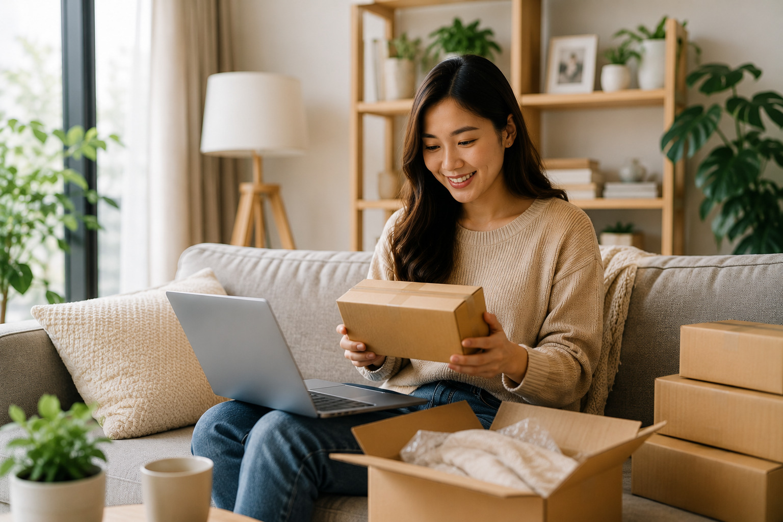 Woman sitting on a beige sofa at home, smiling as she holds a small cardboard package near a laptop.