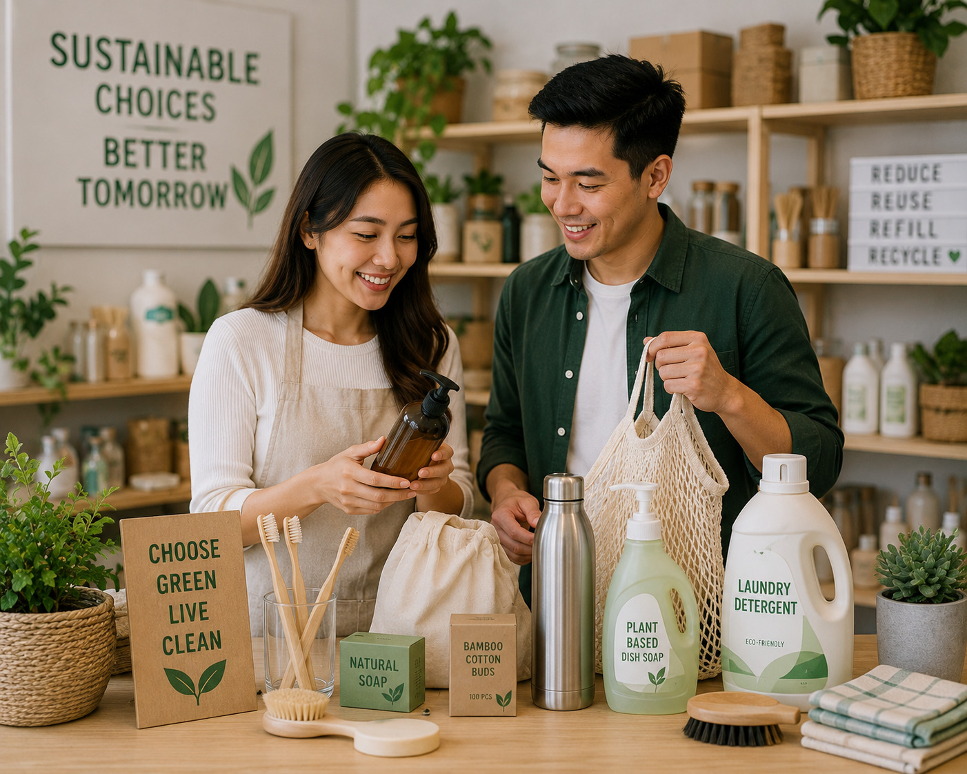 Two smiling people in an eco-friendly shop, holding eco bottles and a reusable bag on a wooden counter.