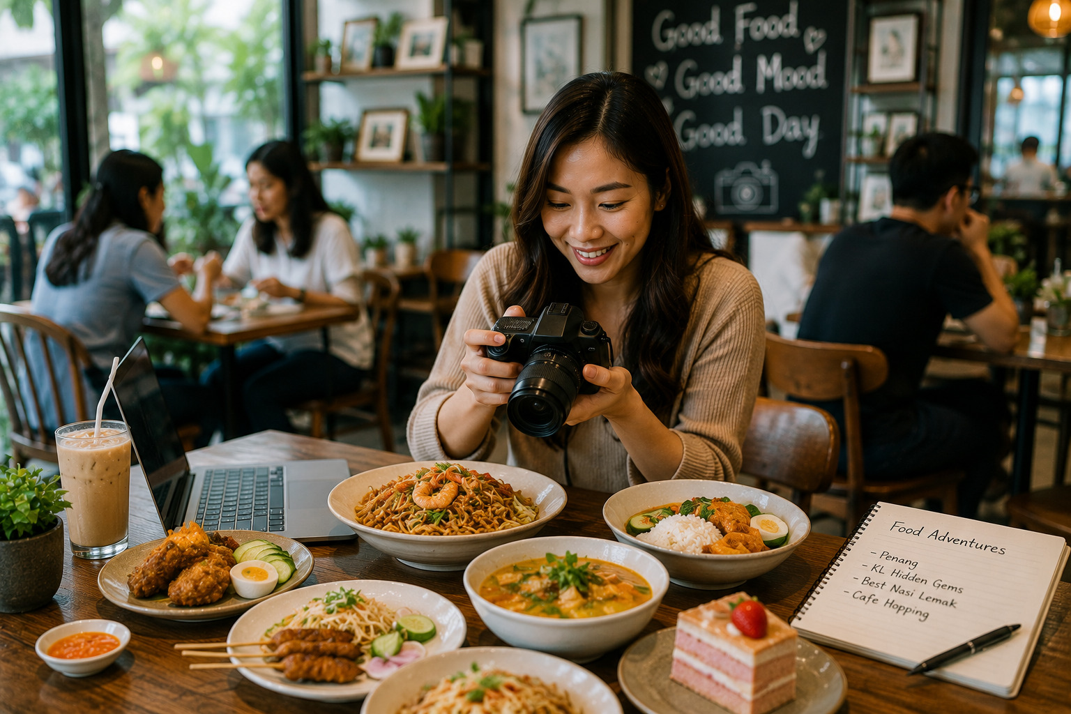 Woman with a DSLR camera photographing a table full of dishes at a cafe, smiling as she shoots.