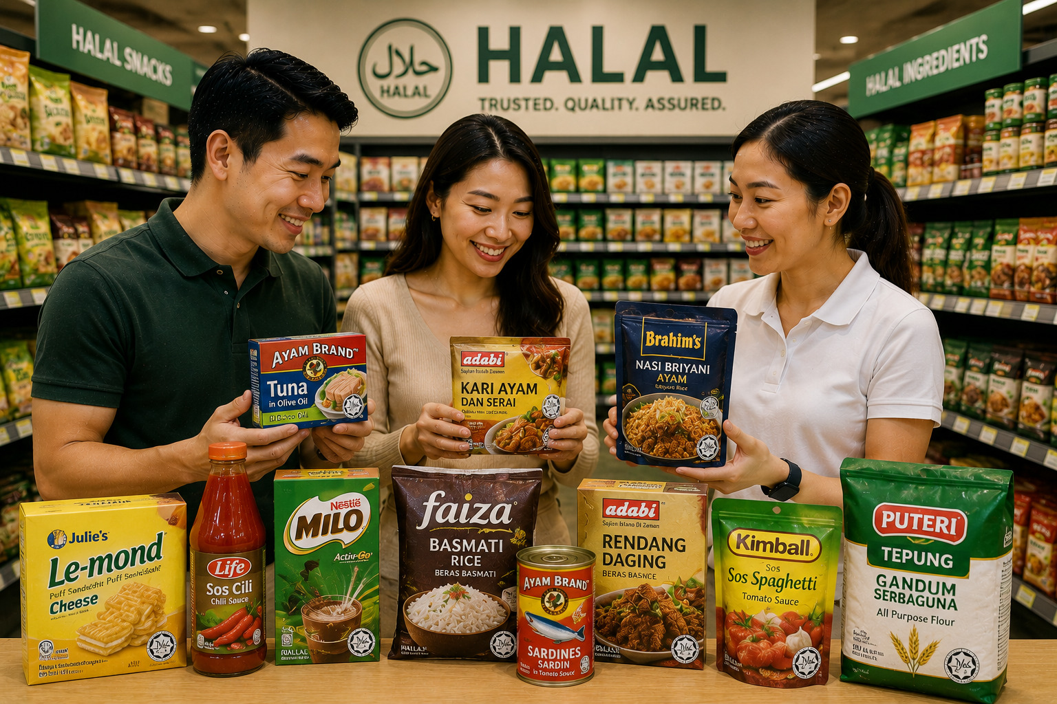 Three people in a halal grocery store hold various packaged foods in front of shelves.