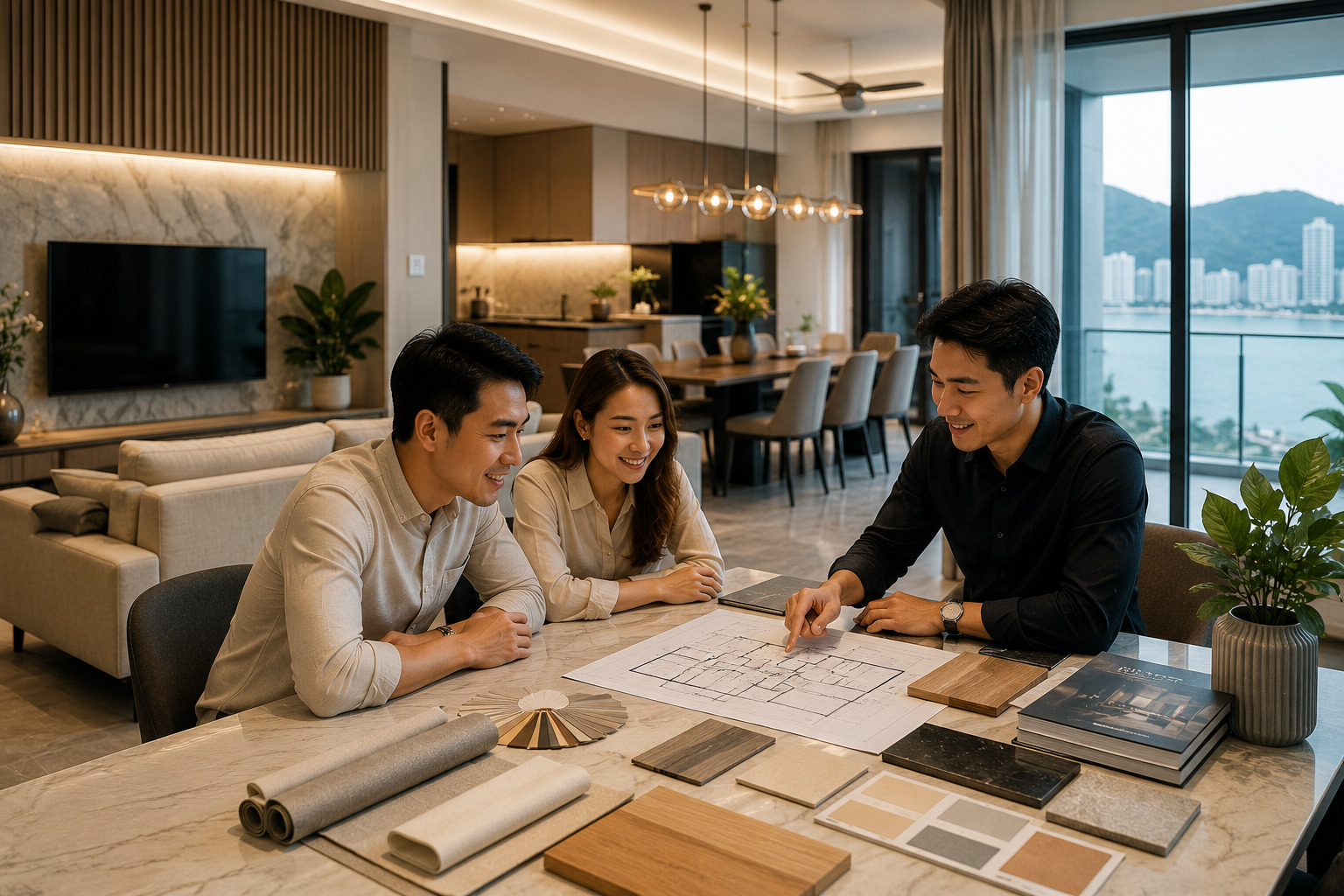 Three people sit around a marble table examining blueprints and material samples in a modern, sunlit living space with city views outside the window.