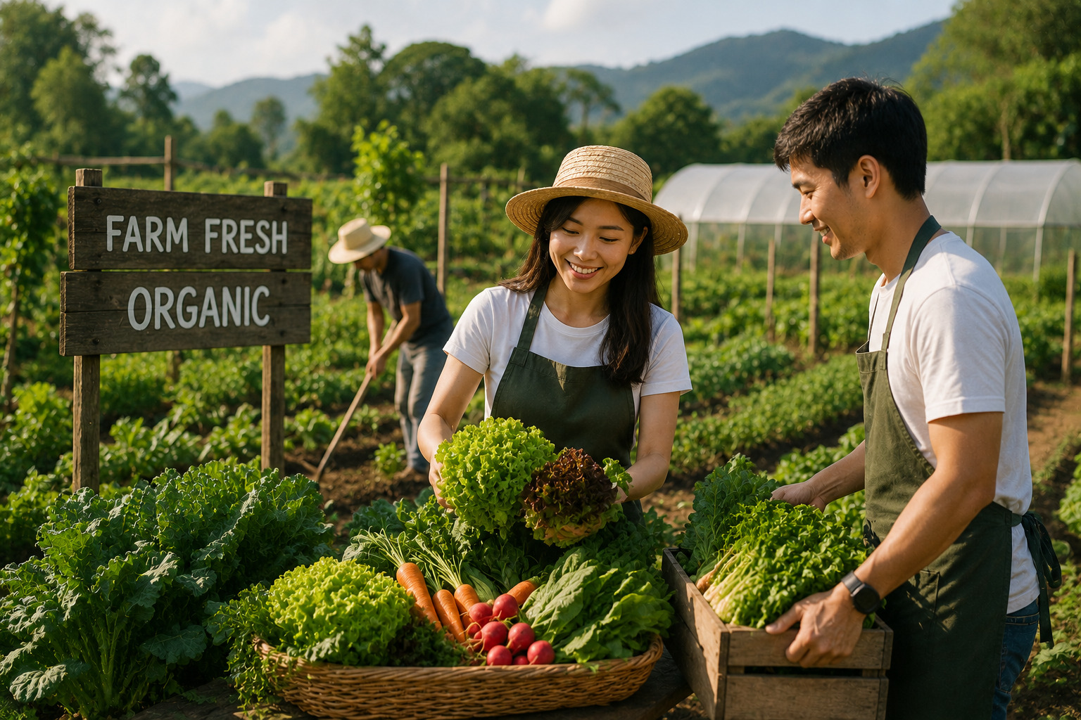 Two farmers harvest fresh organic produce in a sunlit farm, holding leafy greens with a basket of veggies nearby and a 'Farm Fresh Organic' sign in the background.