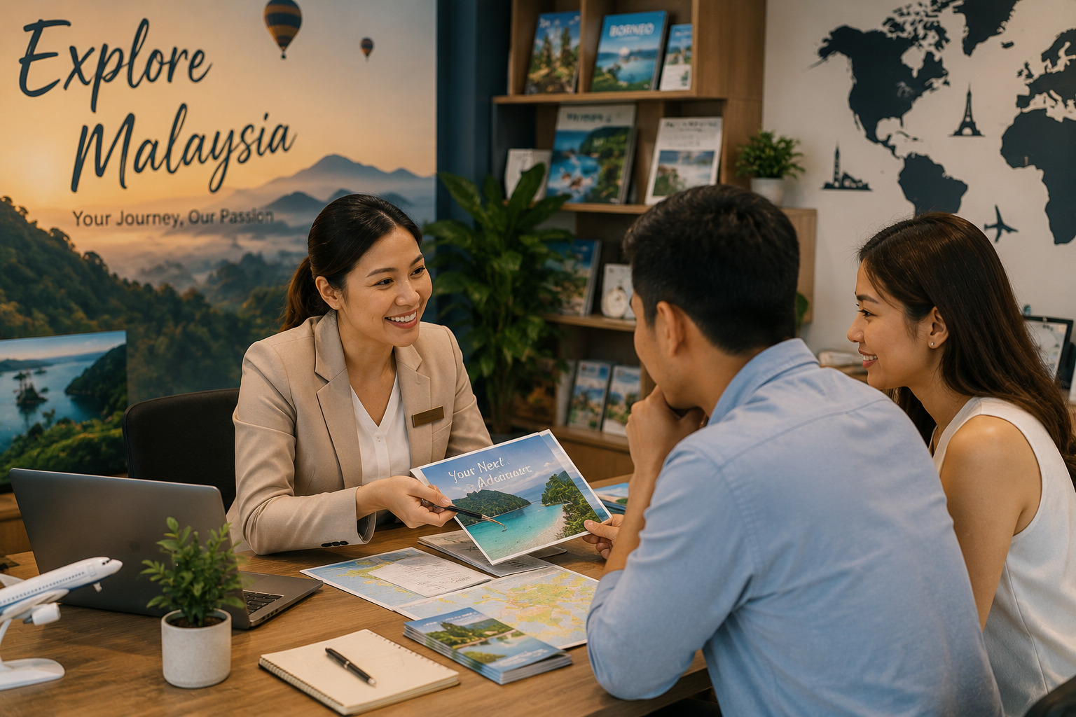 Travel agent and couple discuss a Malaysia vacation brochure at a desk with maps and city posters behind them.