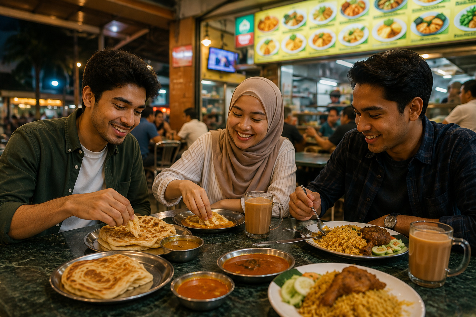 Three friends smile as they share naan and curries at a street-side restaurant, with tea and a rice plate on the table behind them.