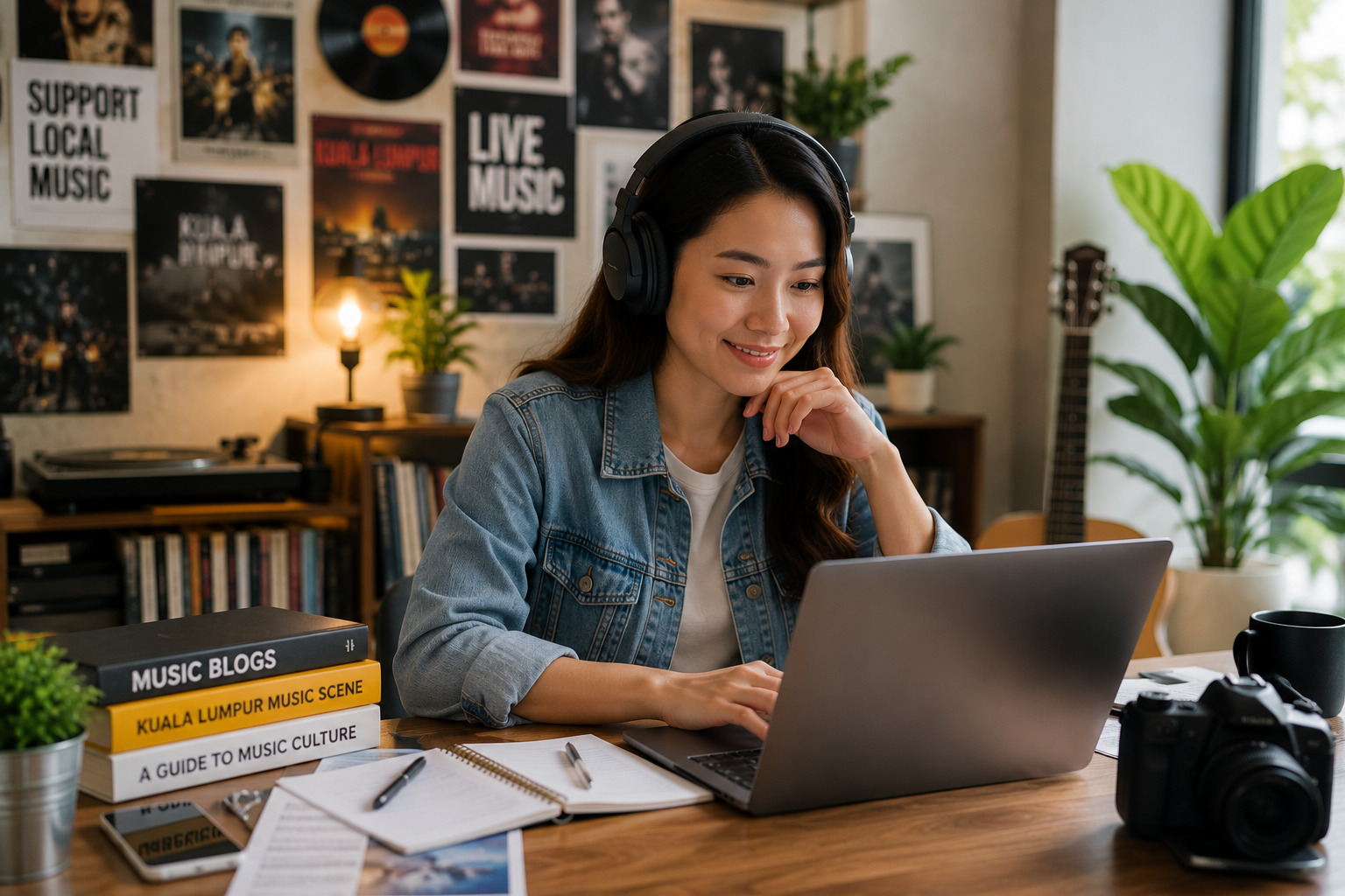 Woman wearing over-ear headphones works on a laptop at a wooden desk, surrounded by music posters, plants, and gear in a cozy studio. (informative)