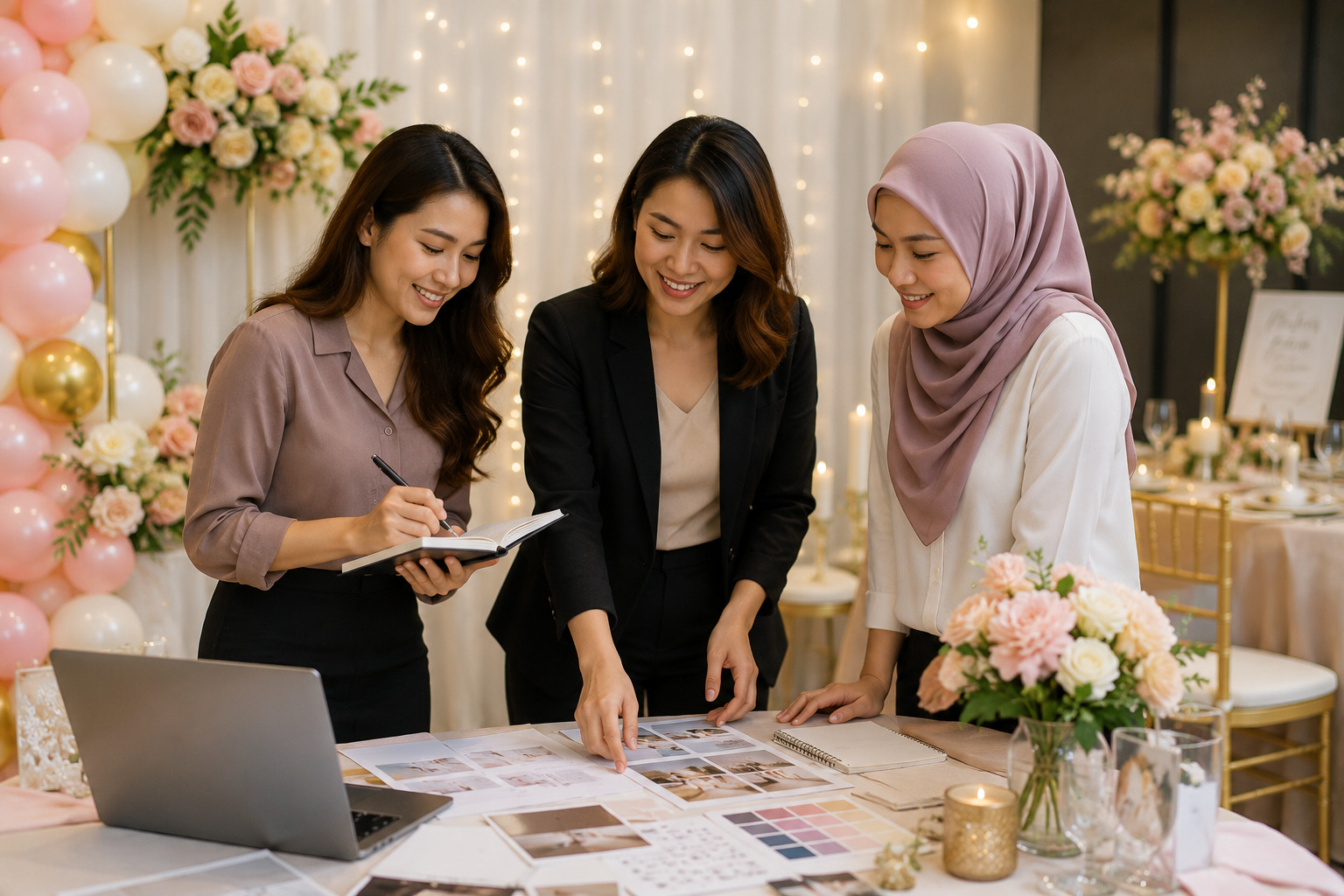 Three women collaborate at a wedding planning table, comparing photos and color swatches.