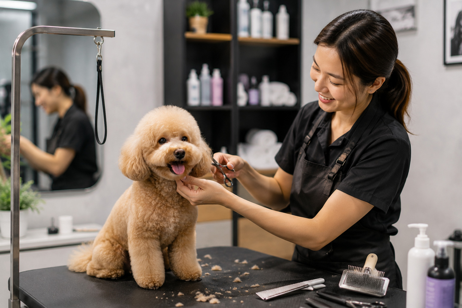Groomer trimming a fluffy apricot poodle on a grooming table, smiling as she holds scissors near the dog's face.