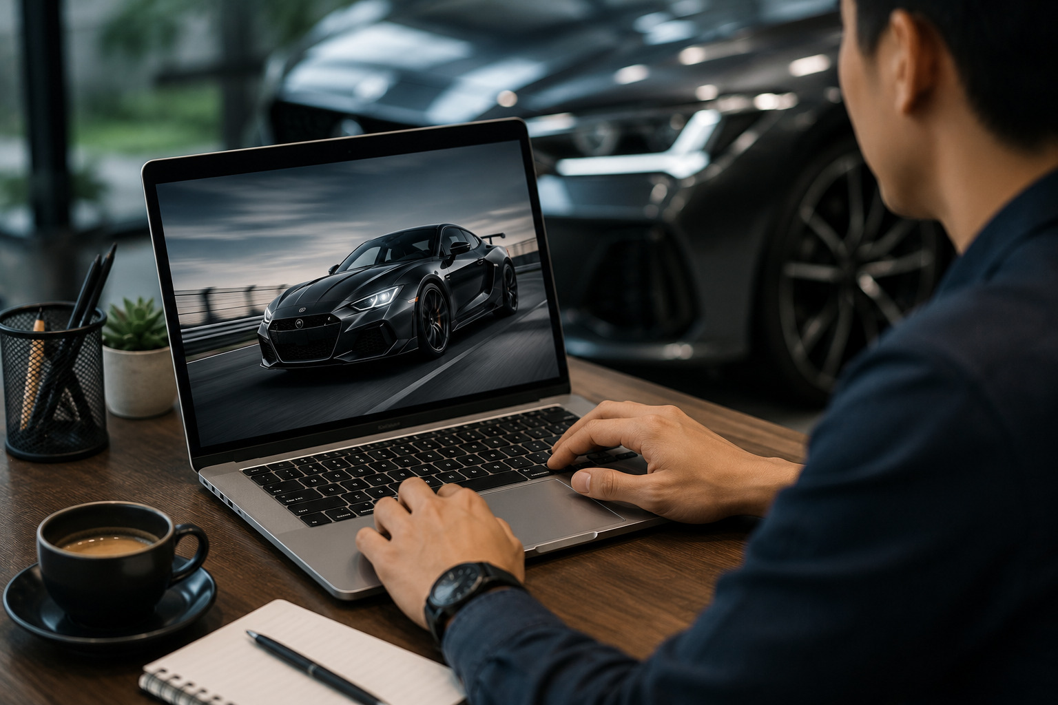 Person typing on a laptop displaying a sleek black sports car on a road; coffee cup and notebook nearby in a showroom-like setting.