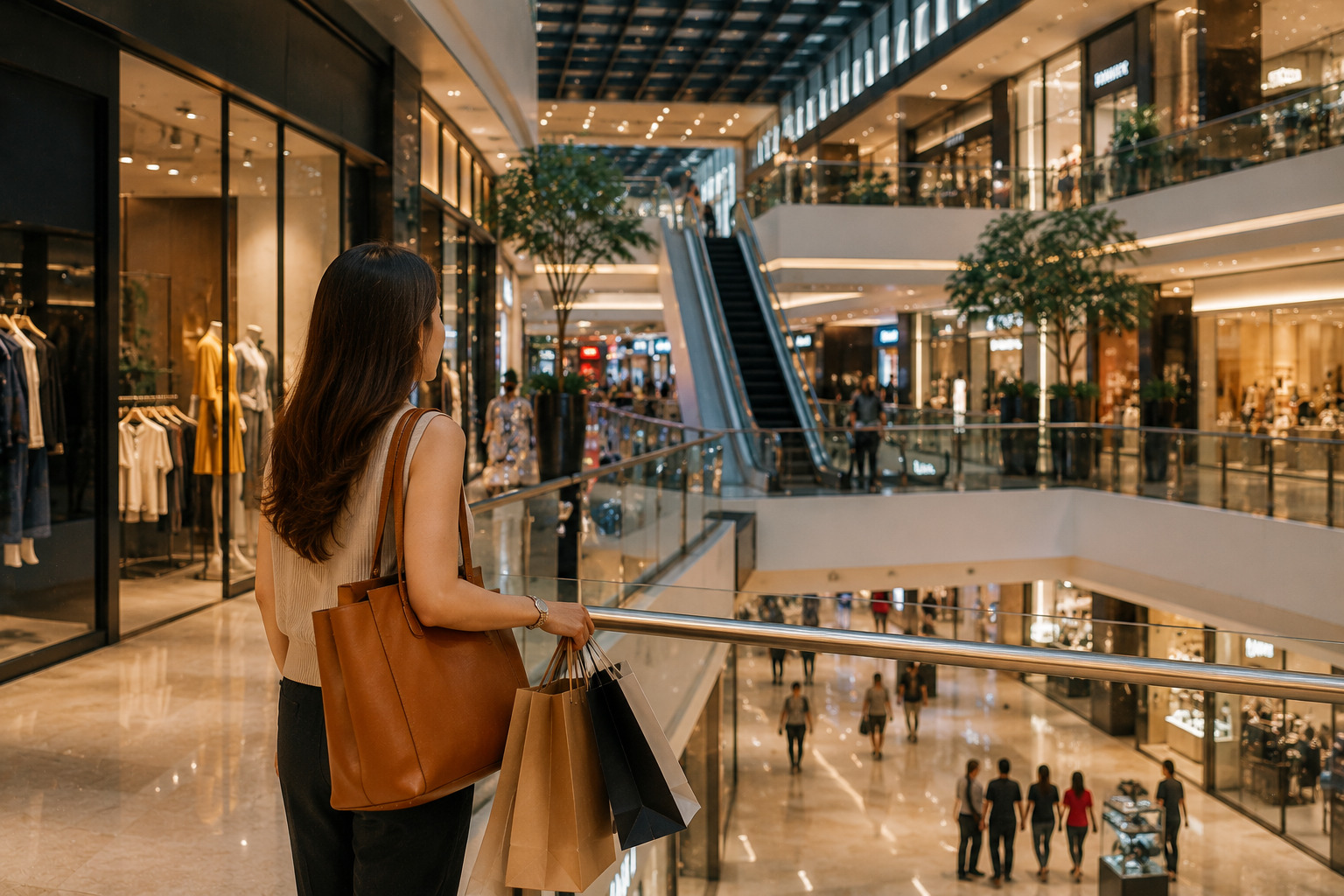 Woman standing on a mall balcony with brown shopping bags, overlooking a busy shopping center.