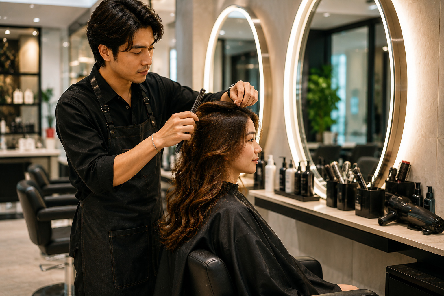 Male hairstylist in a black apron styles a woman's hair with a comb in a modern salon with circular lit mirrors behind them on the workstation.