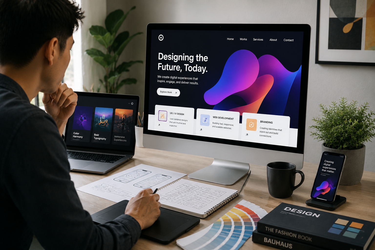 Designer at a wooden desk reviewing a large monitor displaying a dark portfolio with vibrant abstract shapes.