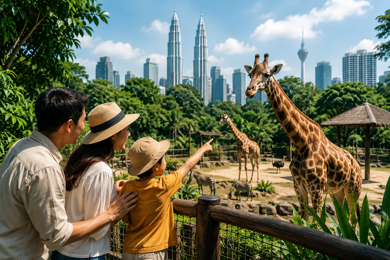 Family of three at a zoo feeding giraffes, with a city skyline in the background; child points toward a giraffe down the path.
