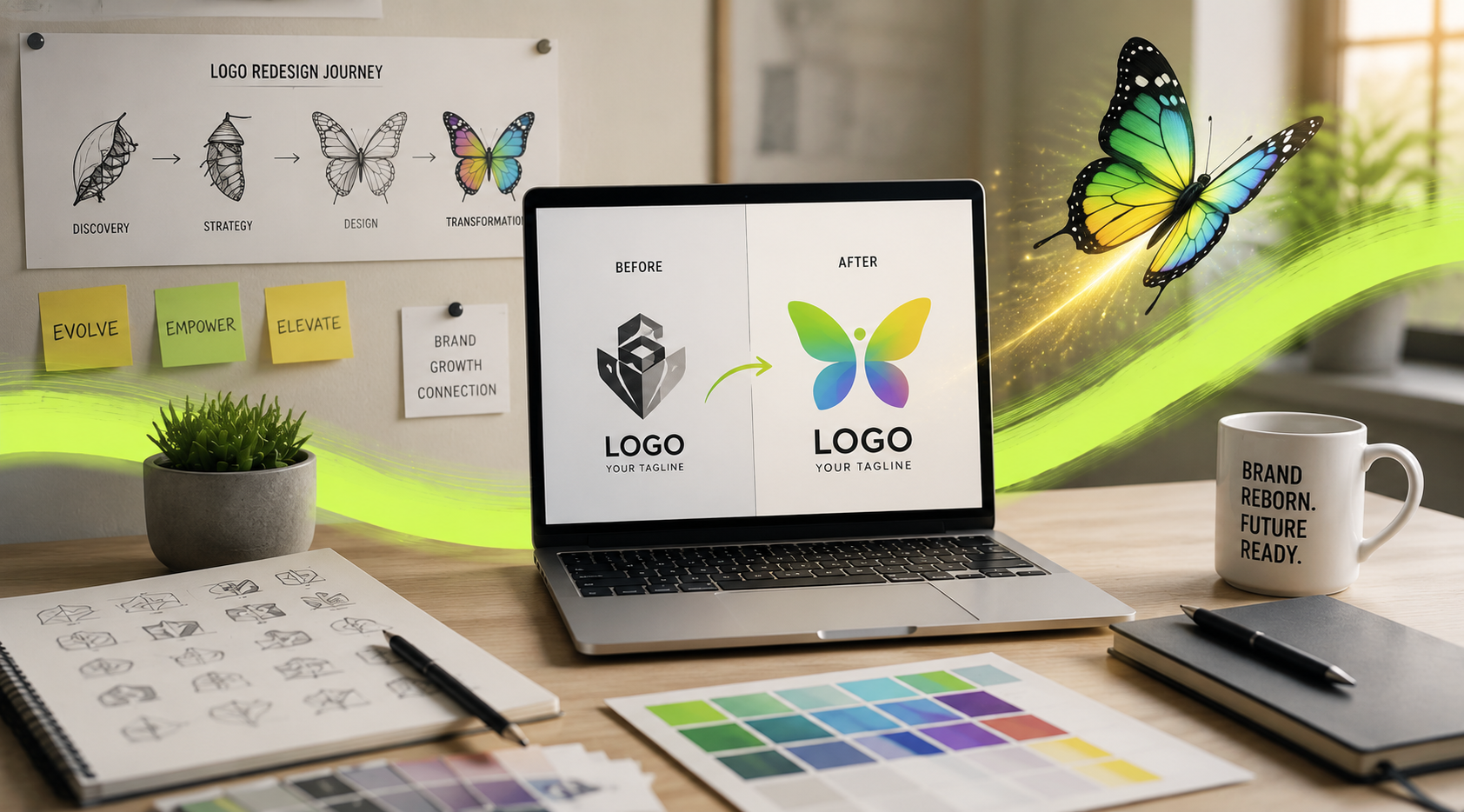 Laptop screen shows a before-and-after logo redesign with a colorful butterfly on the right, in a bright workspace.