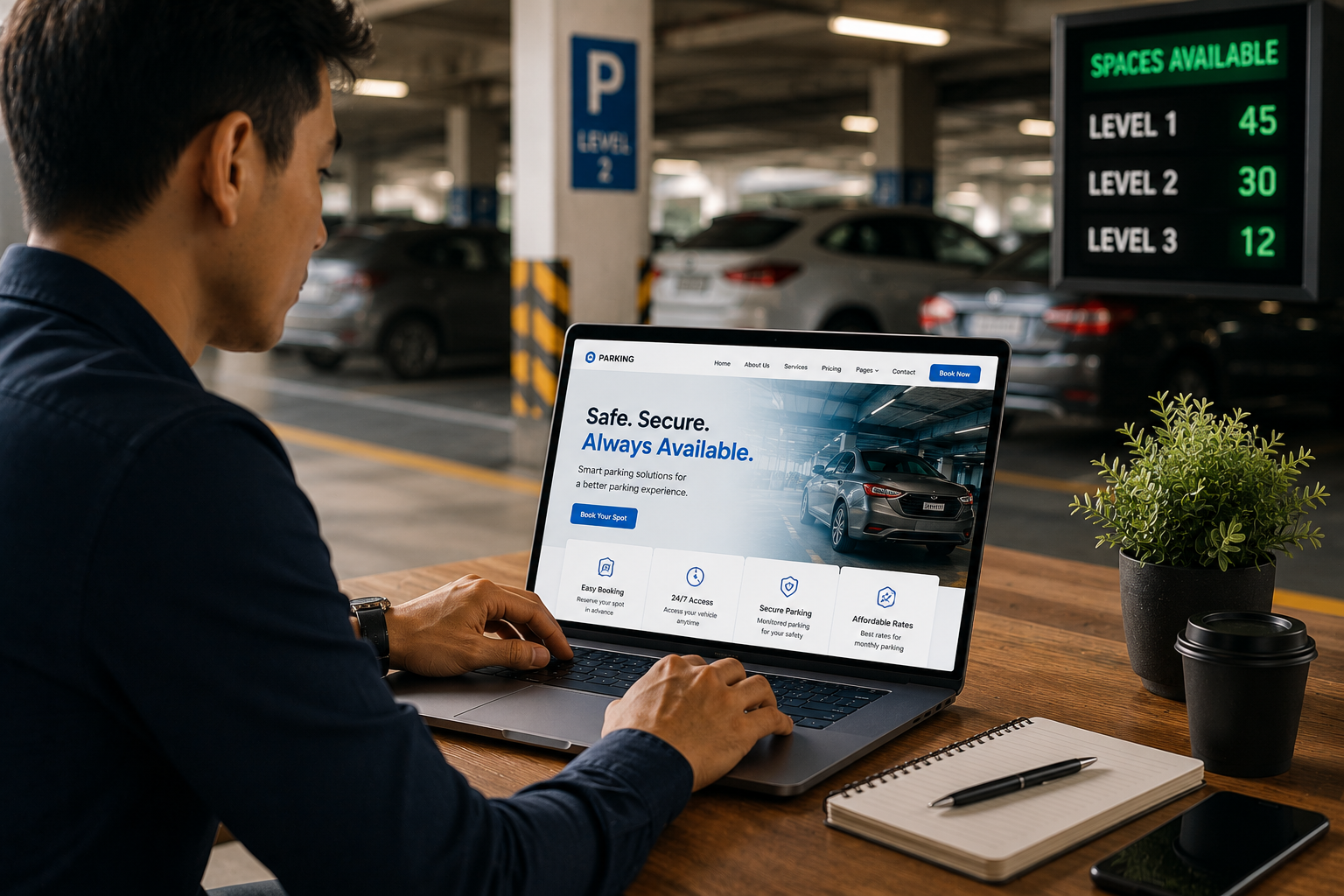 Person sitting at a wooden table in a parking garage, using a laptop to view a parking service website showing 'Safe. Secure. Always Available.'