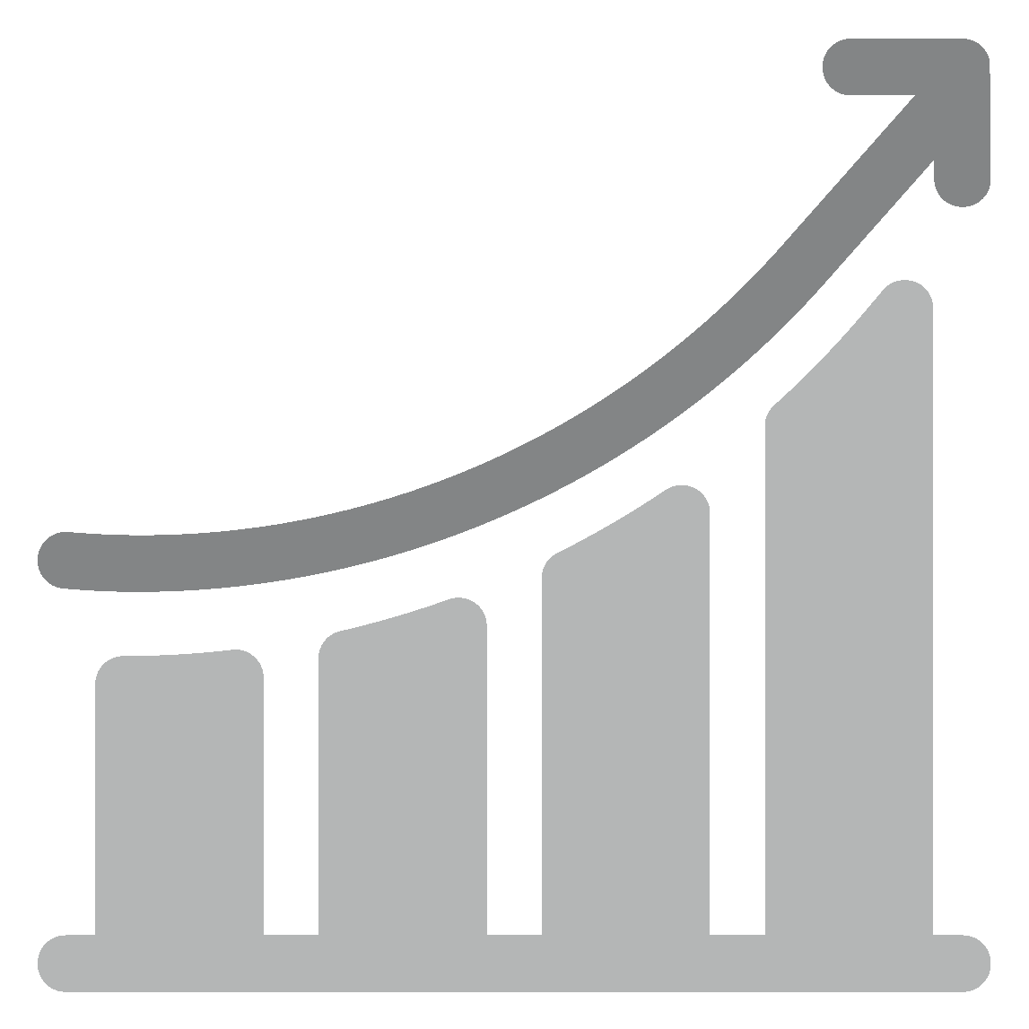 Bar chart showing an upward growth trend with increasing bar heights and a rising arrow.