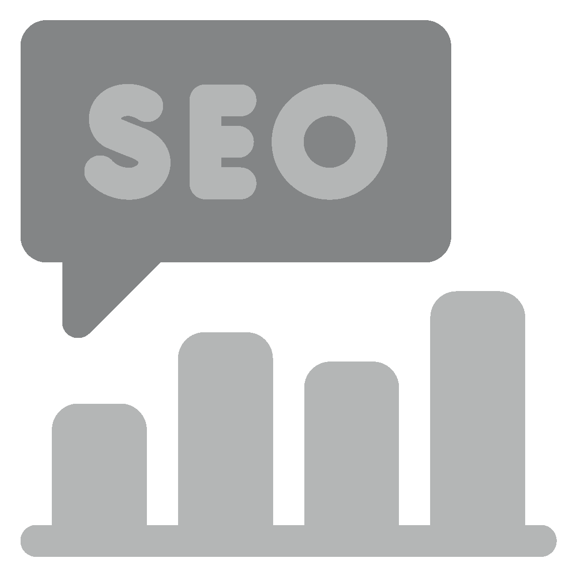 Speech bubble with 'SEO' above a four-bar chart, representing SEO analytics and metrics.