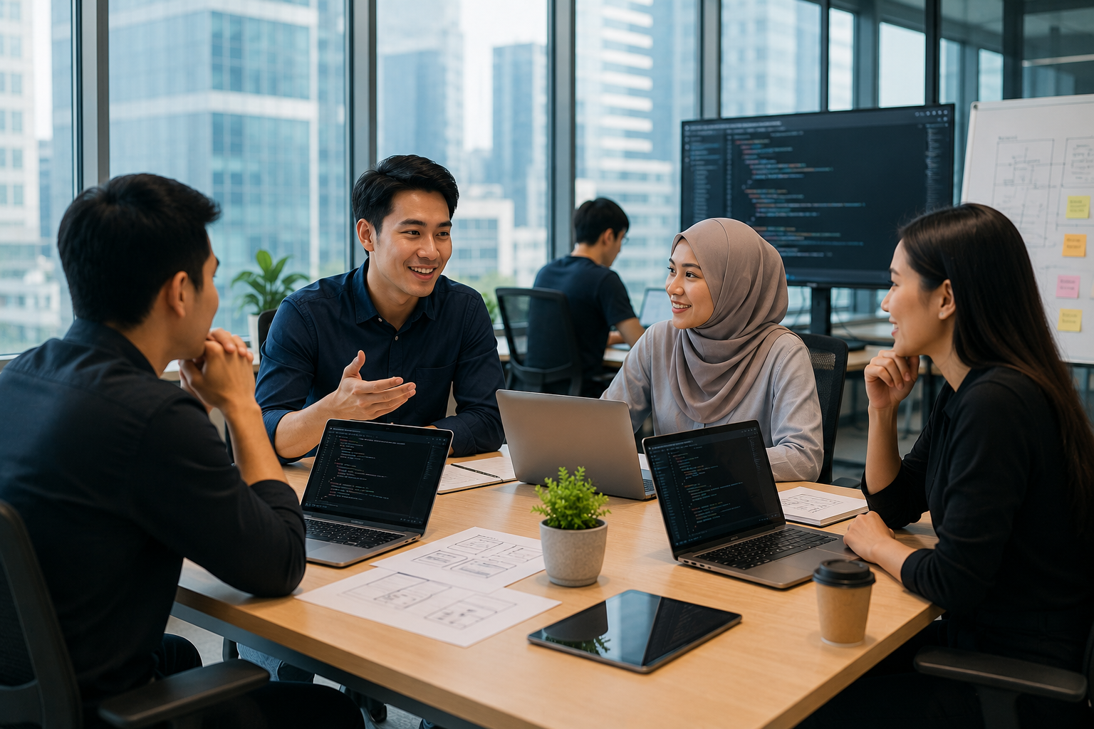 Diverse team of four collaborating around a wooden table in a glass-walled office, discussing code on laptops with notes and a coffee cup nearby.