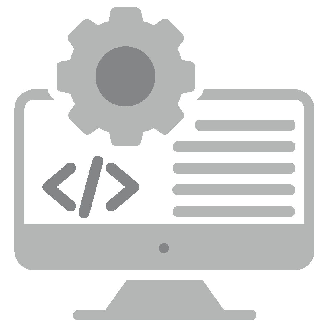 Desktop monitor showing code symbols and a gear icon for settings.
