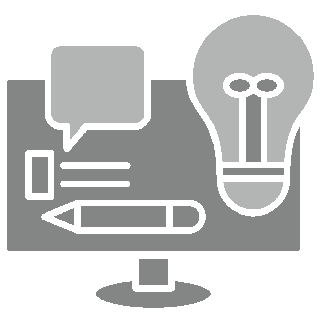 Monitor with a speech bubble, pencil, and a light bulb, symbolizing brainstorming and creativity.