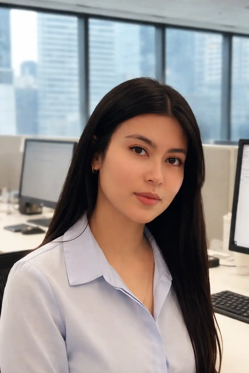 Portrait of a young woman with long dark hair in a light blue blouse, seated in a modern office with computer monitors and a city view behind her