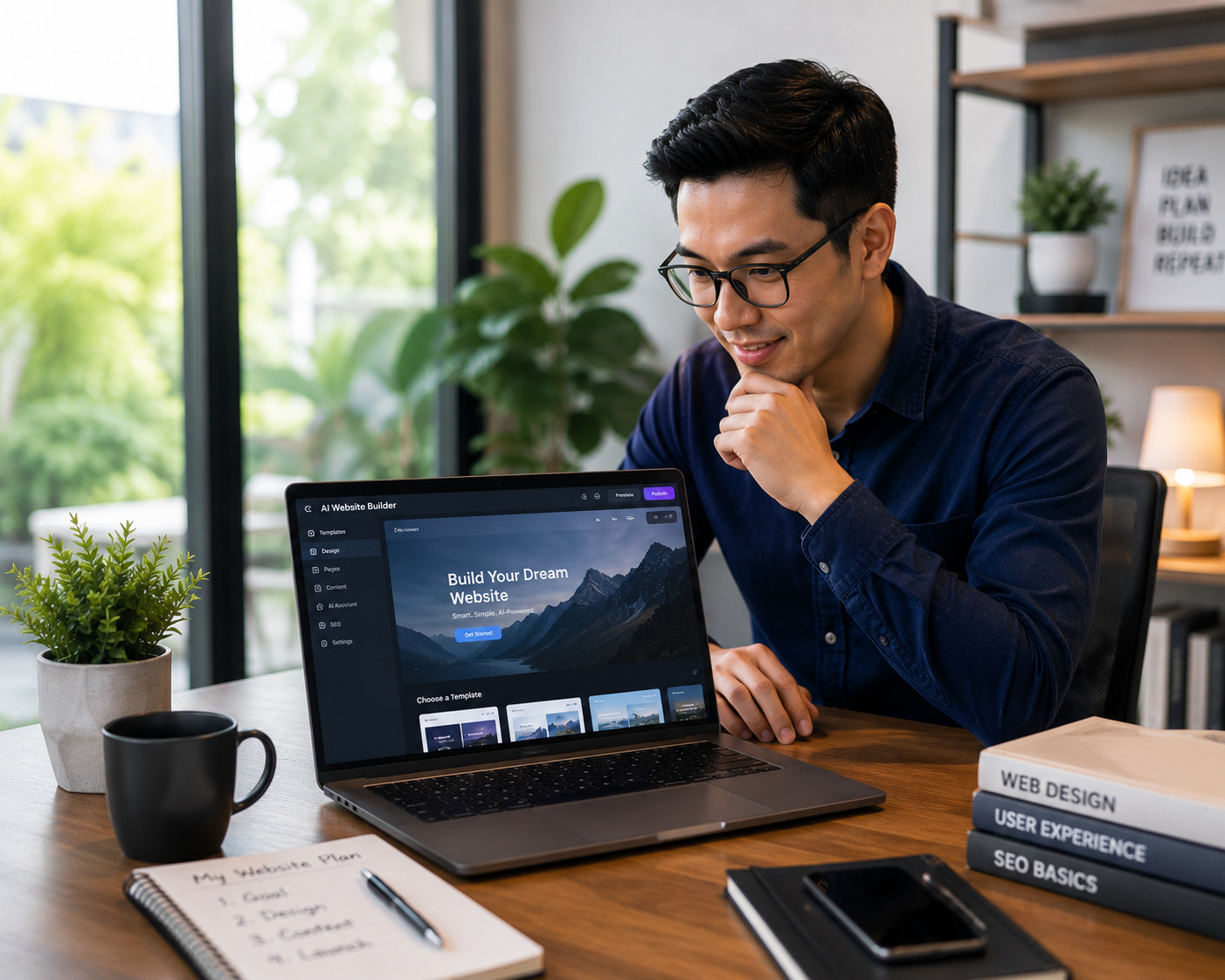 Man wearing glasses sits at a desk, looking at a laptop displaying a website builder interface amid a plant-filled workspace.