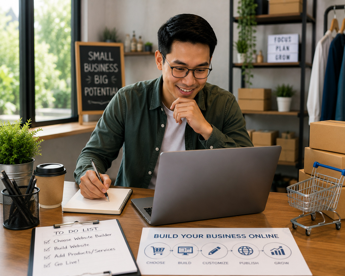 Man in glasses sits at a desk with a laptop, writing in a notebook beside a “Build your business online” sheet and to-do list.
