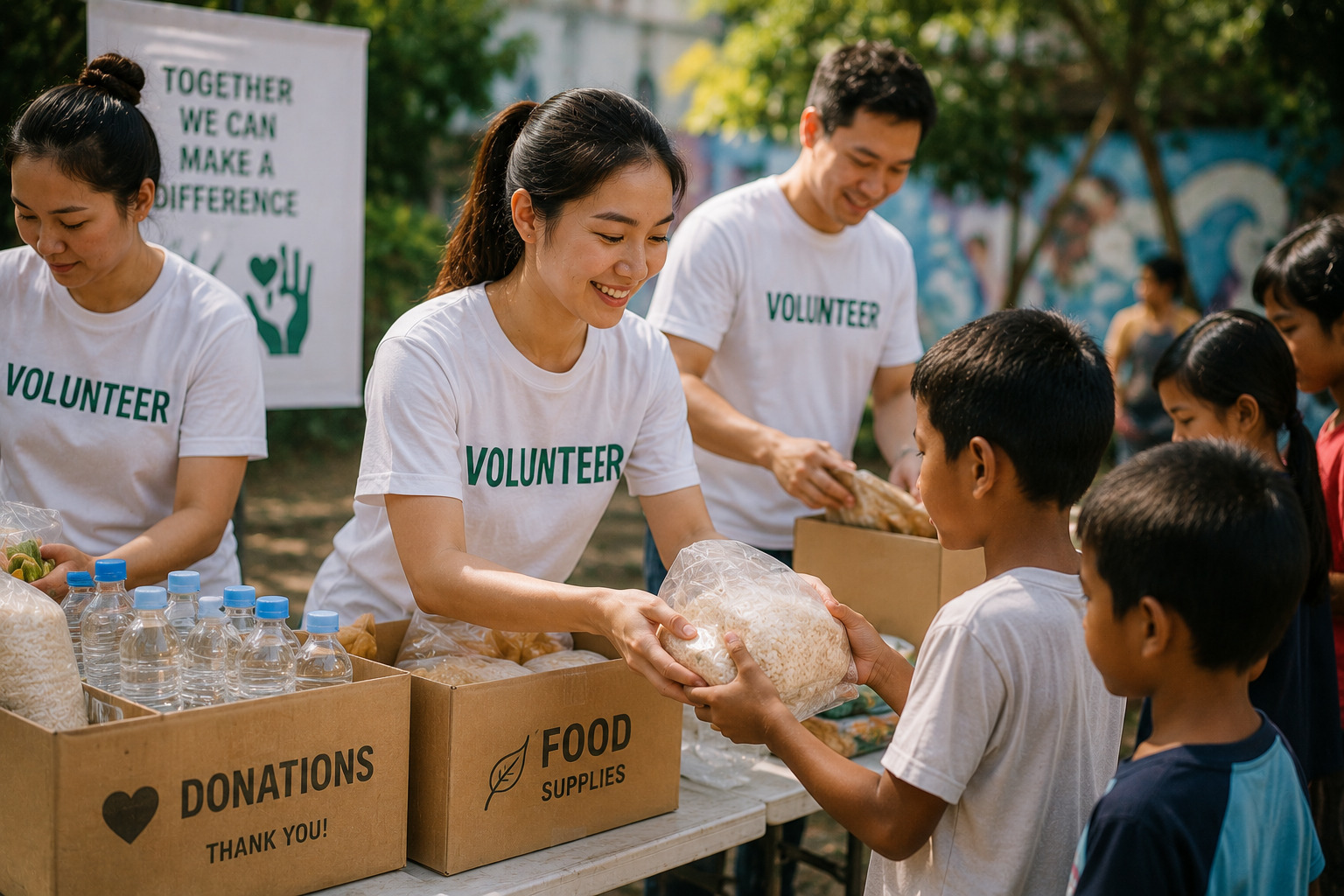 Group of volunteers in white shirts labeled VOLUNTEER distribute food to children at an outdoor donation event.