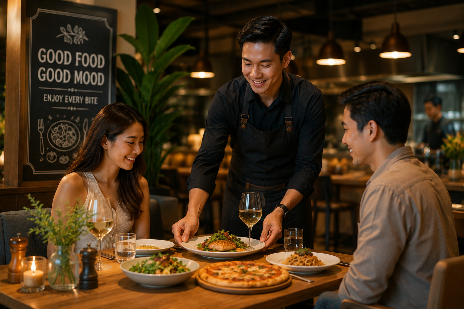 Waiter in a black uniform serves a plated dish to a smiling couple at a warmly lit restaurant table.