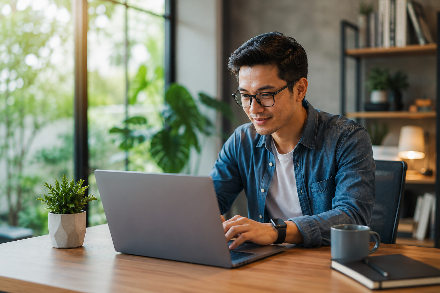 Man wearing glasses and a denim shirt types on a laptop at a wooden desk in a bright home office. A green plant and mug are nearby.