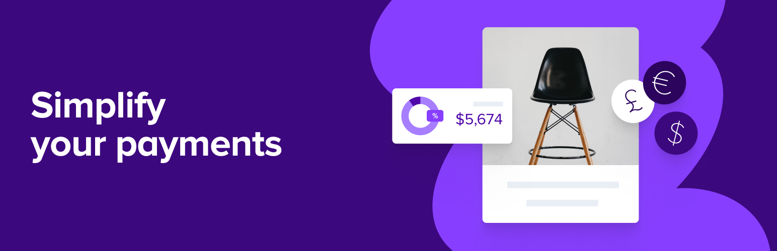 Marketing hero banner: 'Simplify your payments' with a payment stats card and floating currency icons on a purple background.