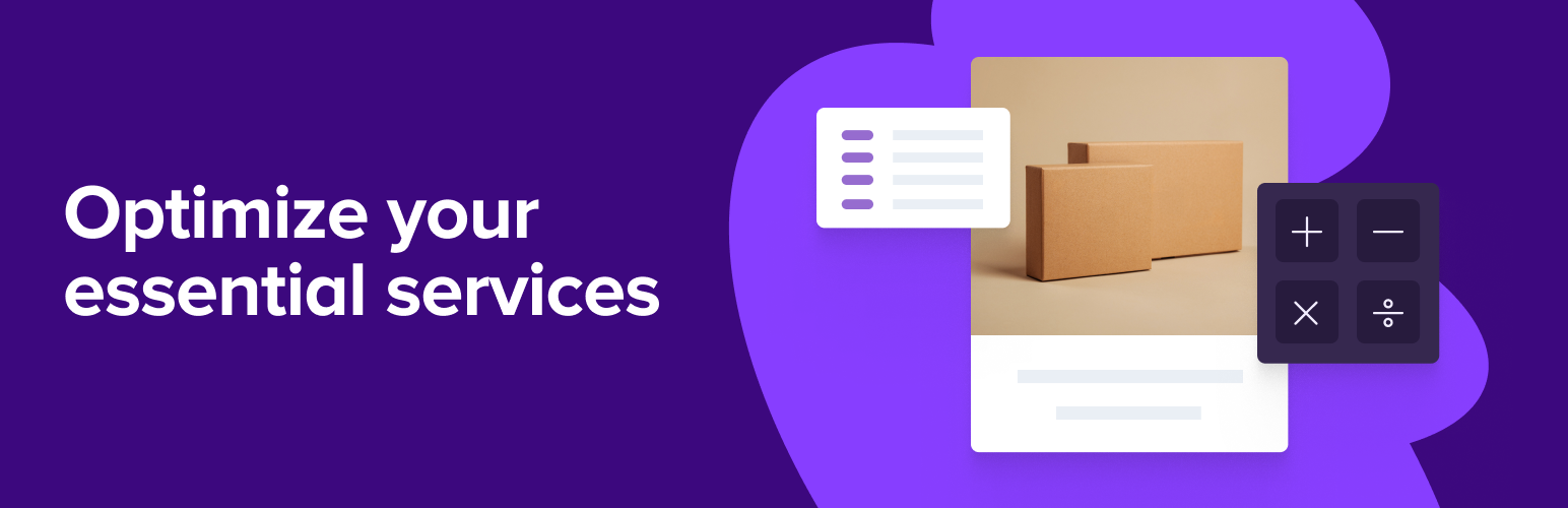 Bold message 'Optimize your essential services' on a purple background with cardboard boxes and floating UI panels.