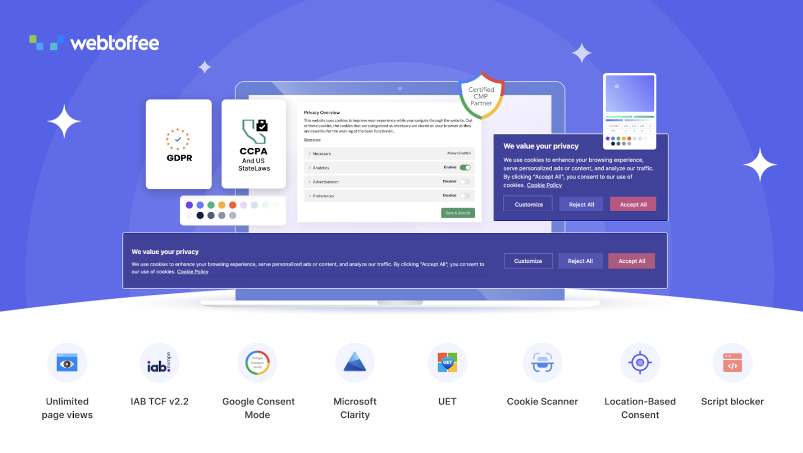 Webtoffee banner: laptop screen with GDPR badge, cookie consent panels, and privacy controls on a purple background.
