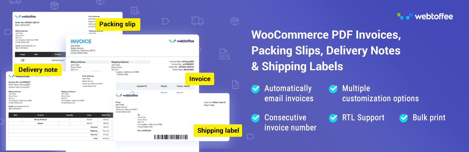 Graphic banner showing example invoices and labels (Packing slip, Delivery note, Invoice, Shipping label) for WooCommerce PDF invoices, on a blue gradient background.