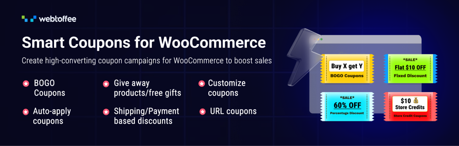 Banner promoting Smart Coupons for WooCommerce with feature list: BOGO, auto-apply coupons, shipping discounts, URL coupons, etc.