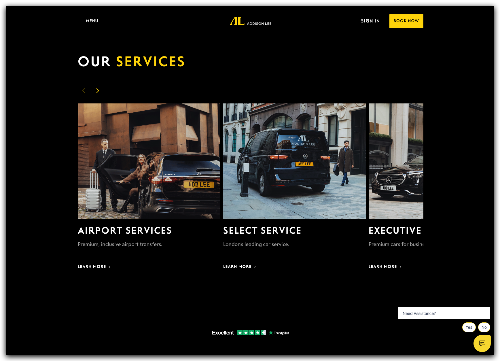 image - Local Branding, Web Design & Digital Marketing Agency Three service images: left shows a couple with luggage beside a black car for airport transfers, middle is an AL-branded black van in a city street, right features a black Mercedes with a pedestrian nearby (Executive service).