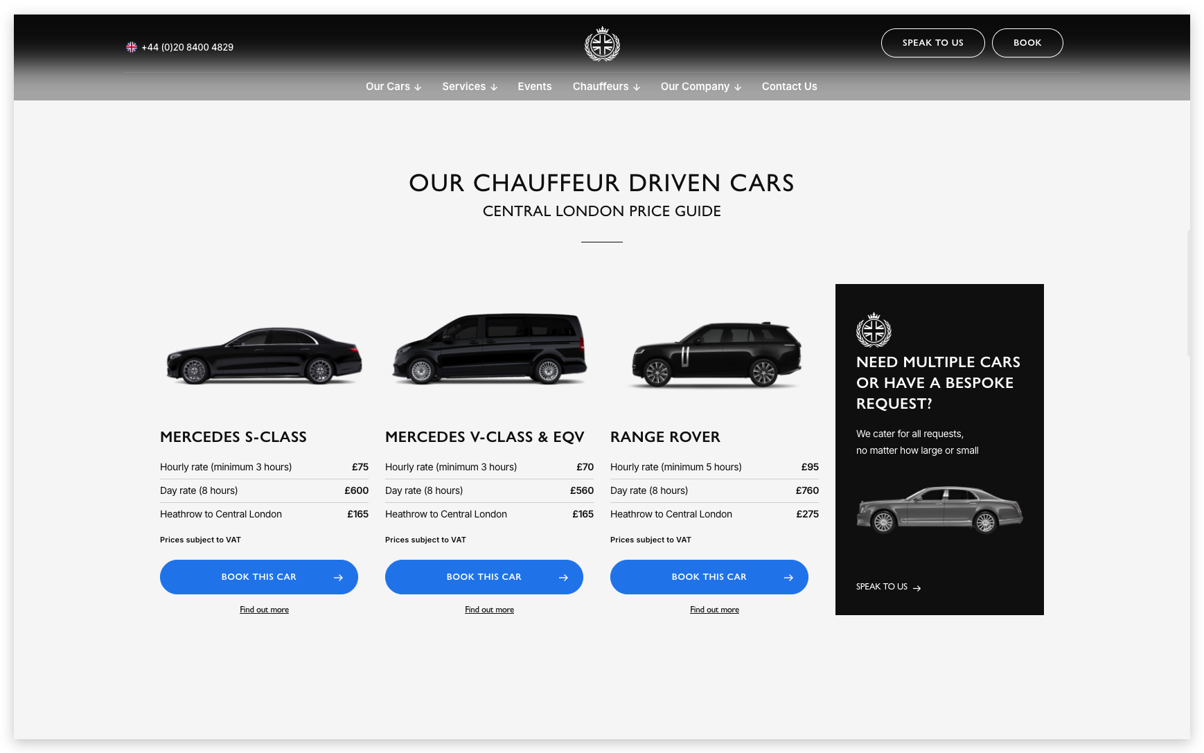 image - Local Branding, Web Design & Digital Marketing Agency Three chauffeur cars shown with pricing and booking buttons: Mercedes S-Class, Mercedes V-Class & EQV, and Range Rover, with a right-side promo panel.
