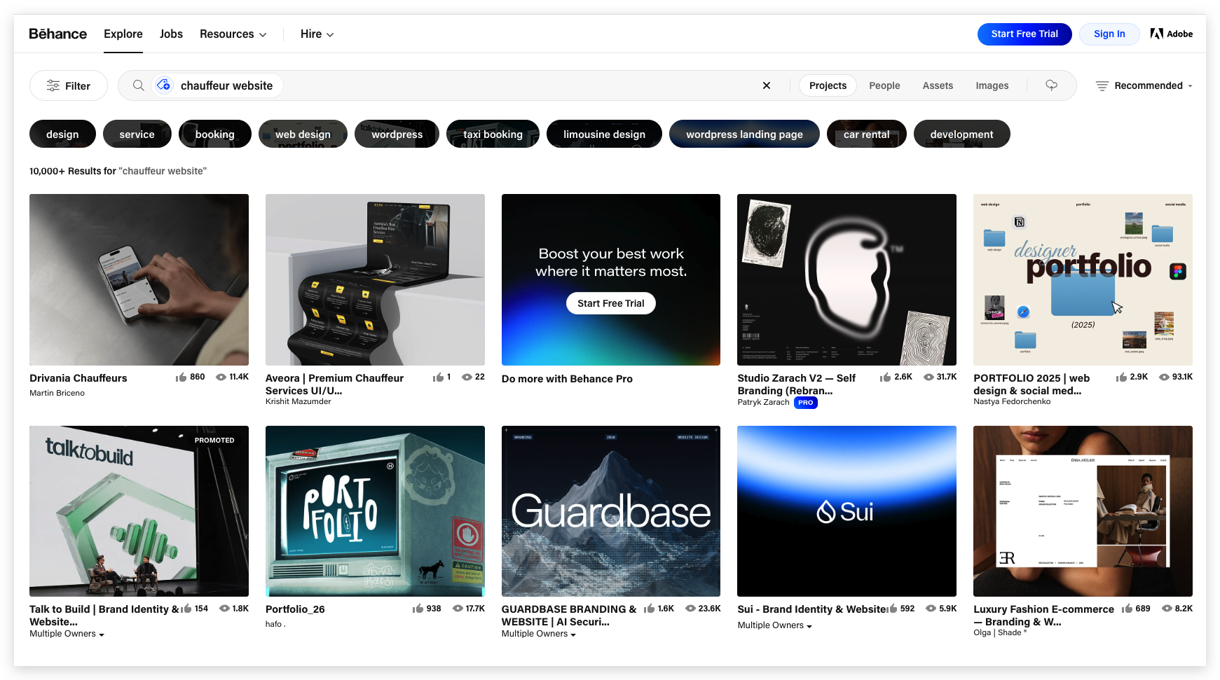 image - Local Branding, Web Design & Digital Marketing Agency Behance search results grid for 'chauffeur website' showing multiple design project thumbnails and titles Mentioned projects include chauffeur-related designs.