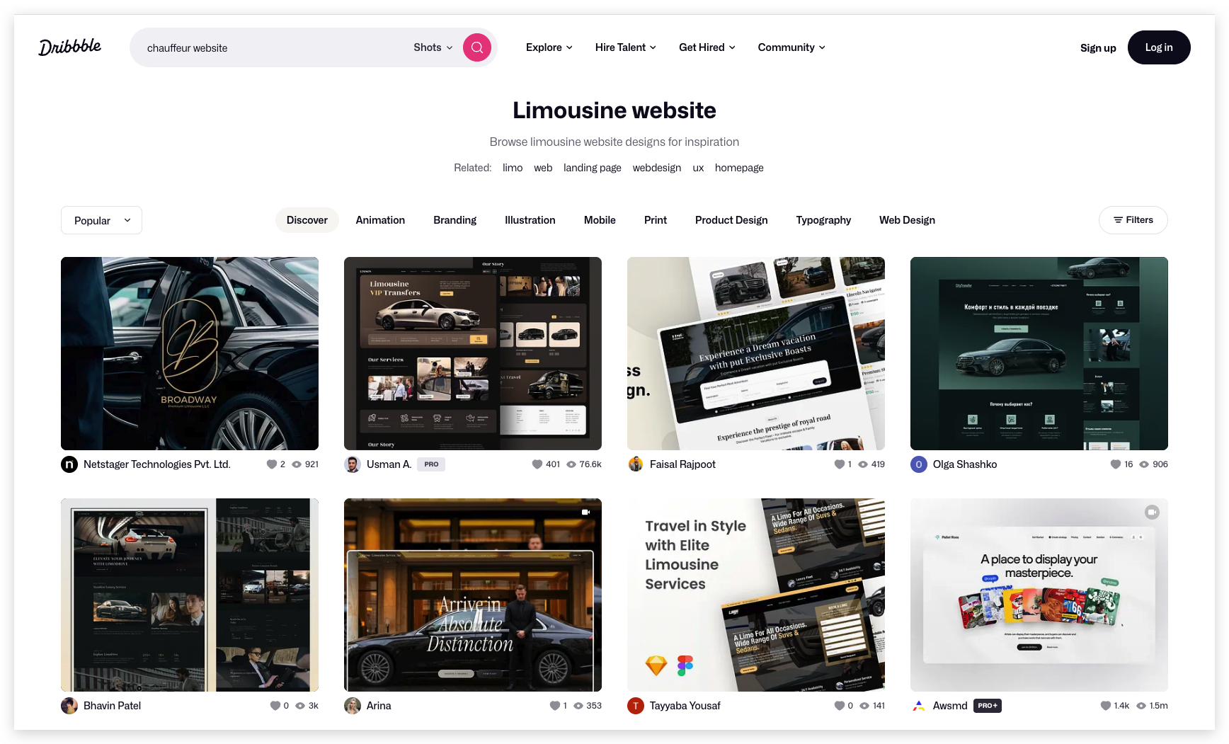 image - Local Branding, Web Design & Digital Marketing Agency Dribbble limousine website design gallery: grid of car-themed thumbnails with designer names and stats (likes/views). With header navigation visible at top.