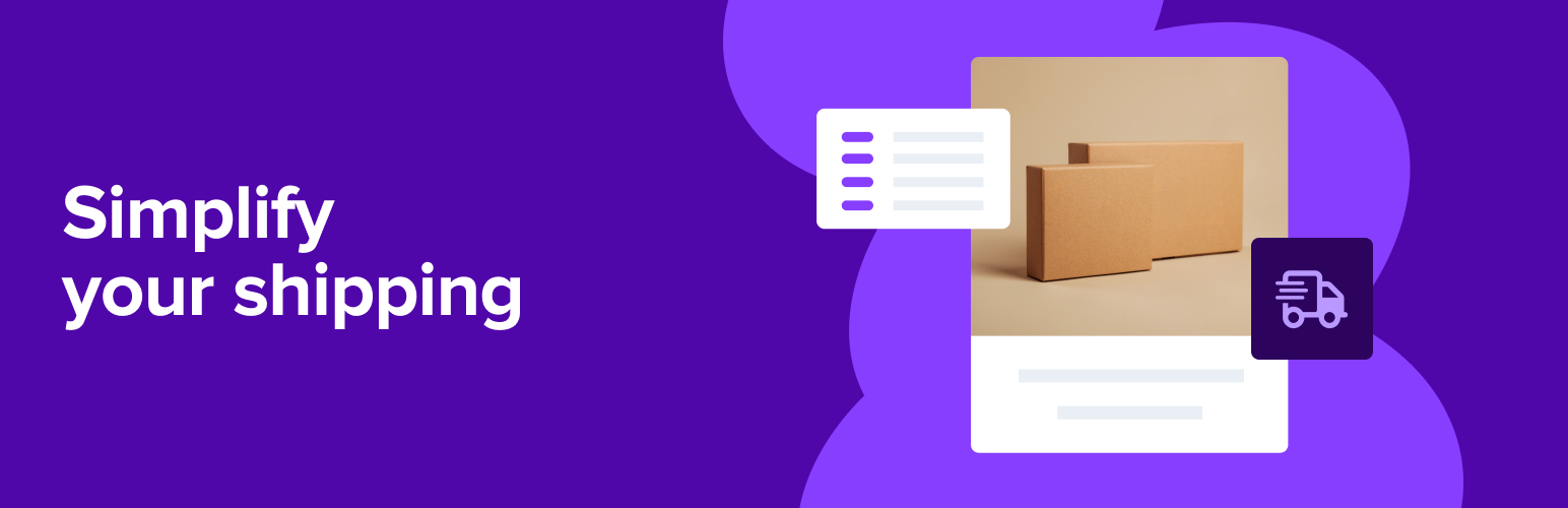 Purple banner with the slogan 'Simplify your shipping' and icons showing boxes, a document, and a delivery badge to illustrate shipping convenience.
