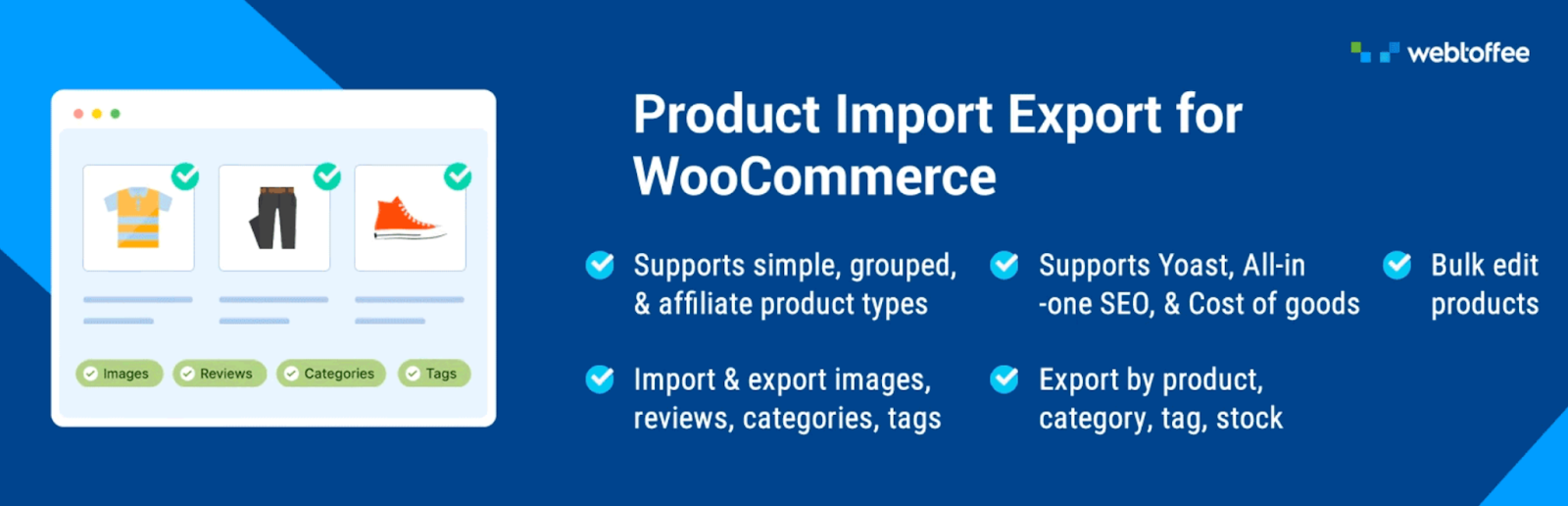 Infographic banner: Product Import Export for WooCommerce with feature checklist and Webloffee logo on a blue background.